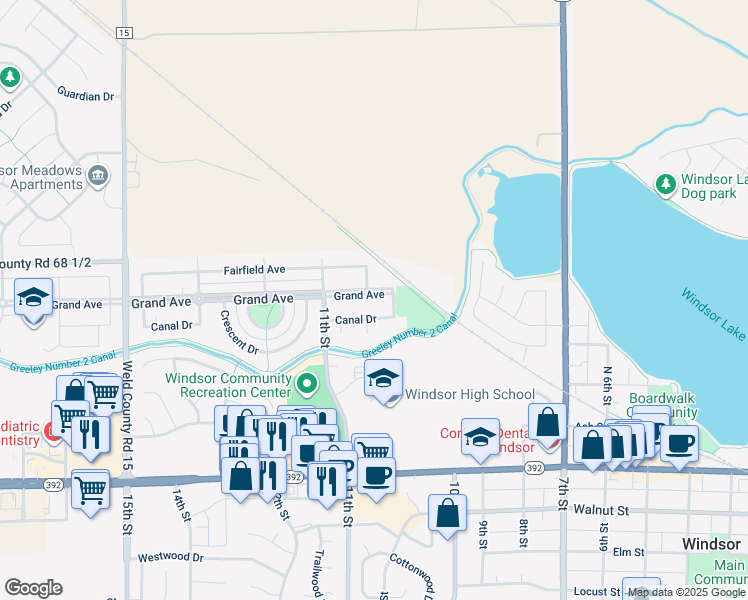 map of restaurants, bars, coffee shops, grocery stores, and more near 1033 Grand Avenue in Windsor