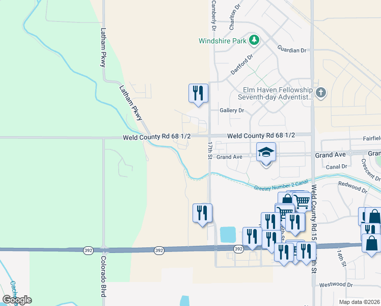 map of restaurants, bars, coffee shops, grocery stores, and more near 6328 Weld County Road 68 1/2 in Windsor