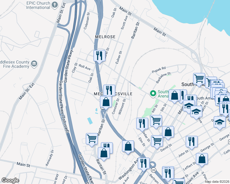 map of restaurants, bars, coffee shops, grocery stores, and more near 516 Alpine Street in South Amboy