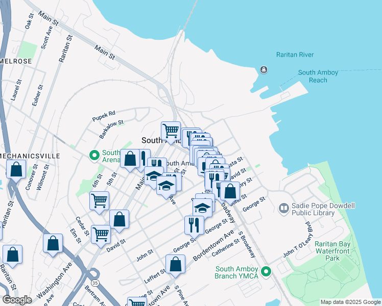 map of restaurants, bars, coffee shops, grocery stores, and more near 139-145 South Broadway in South Amboy