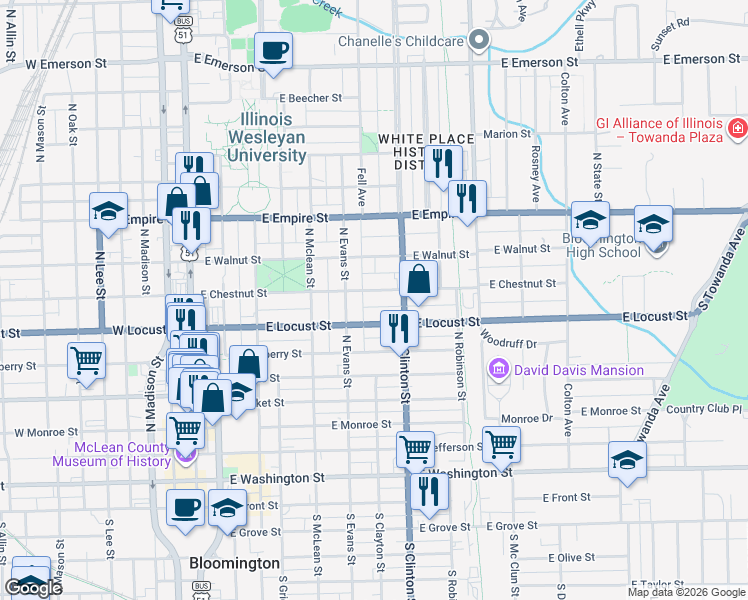 map of restaurants, bars, coffee shops, grocery stores, and more near 510 East Locust Street in Bloomington