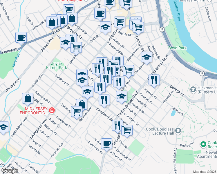 map of restaurants, bars, coffee shops, grocery stores, and more near 147 Hale Street in New Brunswick