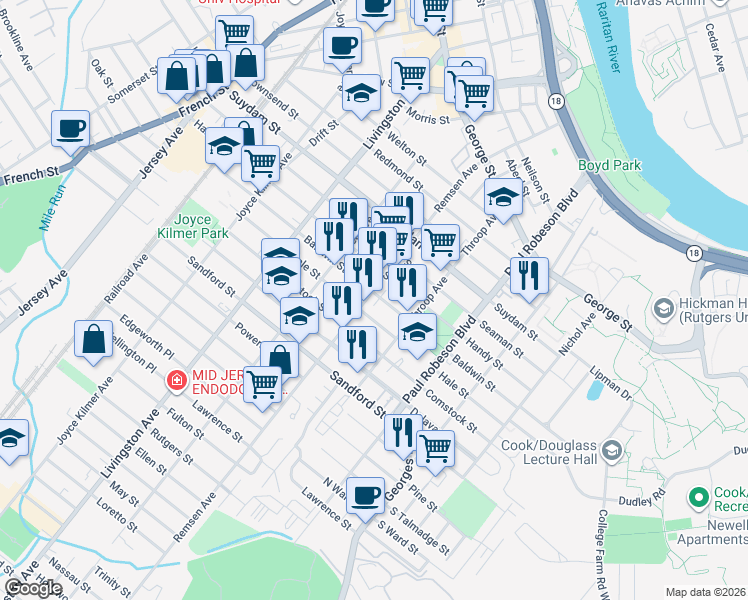 map of restaurants, bars, coffee shops, grocery stores, and more near 147 Hale Street in New Brunswick