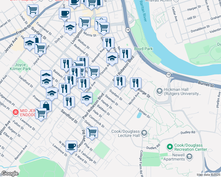 map of restaurants, bars, coffee shops, grocery stores, and more near 154 Commercial Avenue in New Brunswick