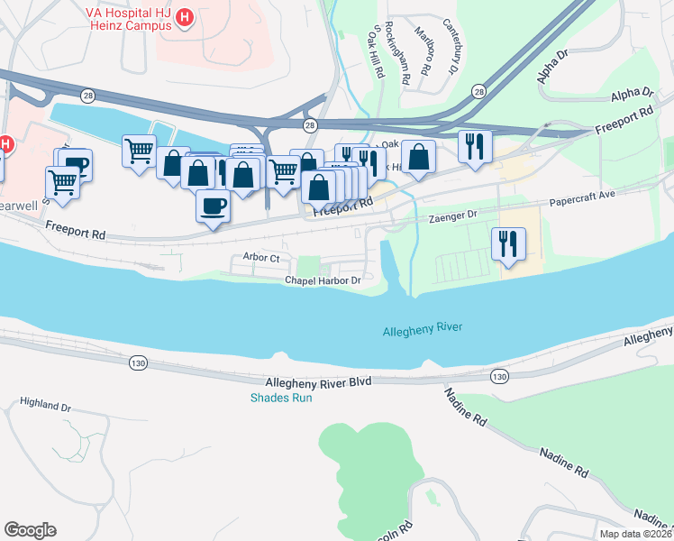 map of restaurants, bars, coffee shops, grocery stores, and more near 150 Chapel Harbor Drive in Pittsburgh