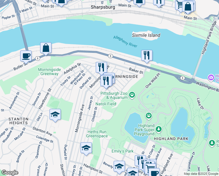 map of restaurants, bars, coffee shops, grocery stores, and more near 1736 Chislett Street in Pittsburgh