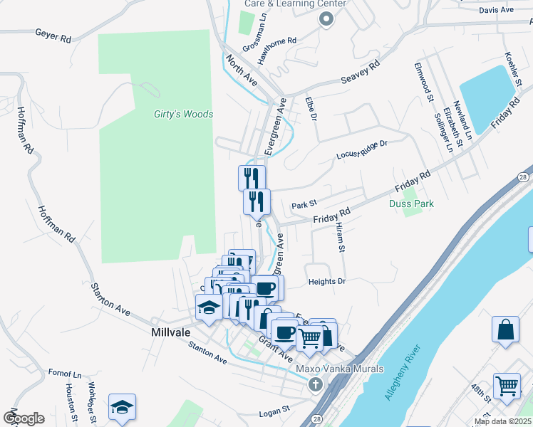 map of restaurants, bars, coffee shops, grocery stores, and more near 601 Evergreen Road in Pittsburgh