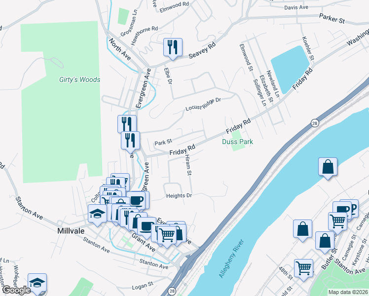 map of restaurants, bars, coffee shops, grocery stores, and more near 208 Mathilda Street in Pittsburgh