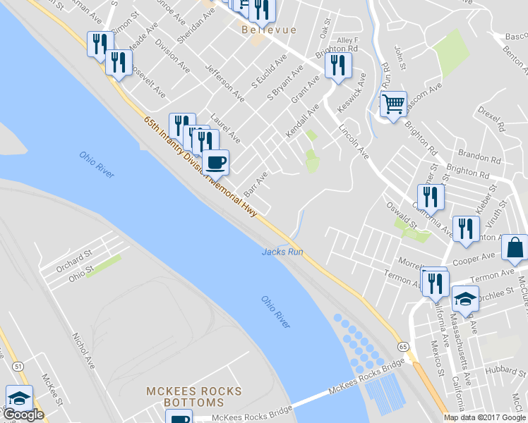 map of restaurants, bars, coffee shops, grocery stores, and more near 19 Rheams Avenue in Pittsburgh