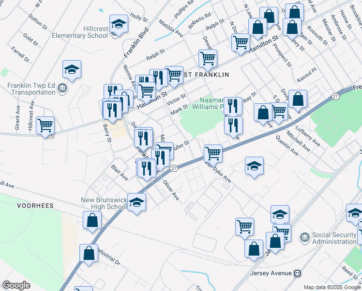map of restaurants, bars, coffee shops, grocery stores, and more near 33 Fuller Street in Franklin Township