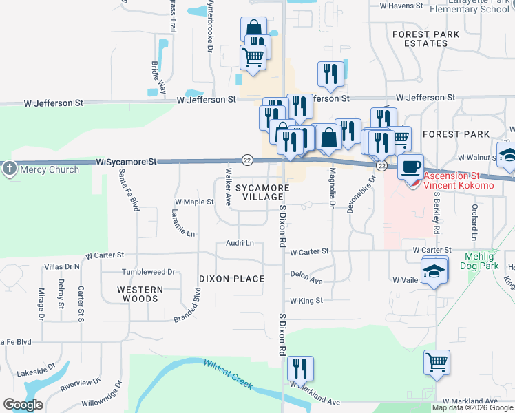 map of restaurants, bars, coffee shops, grocery stores, and more near 301-399 Wickersham Dr E in Kokomo