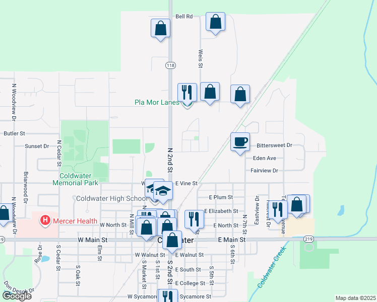 map of restaurants, bars, coffee shops, grocery stores, and more near 303 Northview Drive in Coldwater