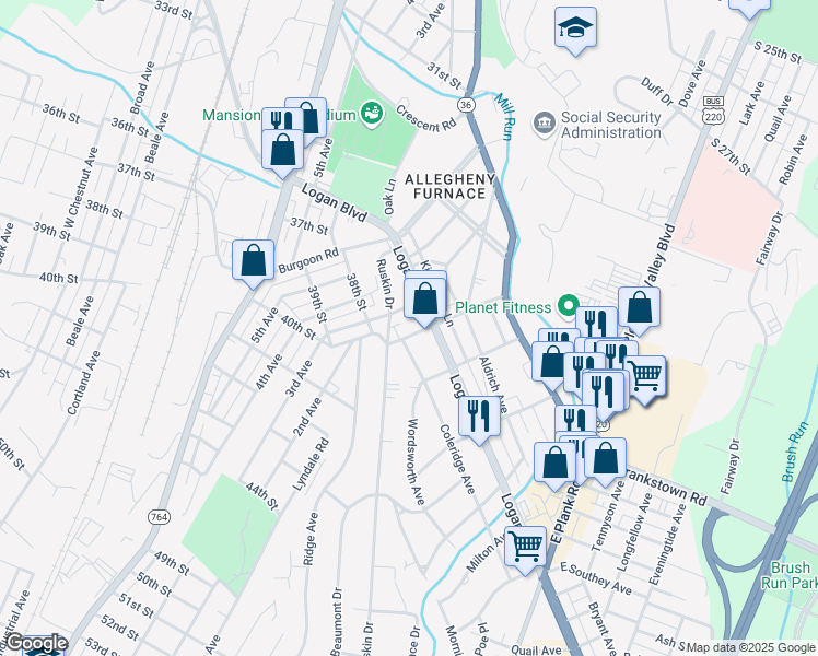 map of restaurants, bars, coffee shops, grocery stores, and more near 108 Ward Avenue in Altoona