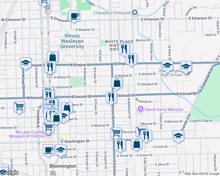 map of restaurants, bars, coffee shops, grocery stores, and more near 521 East Chestnut Street in Bloomington