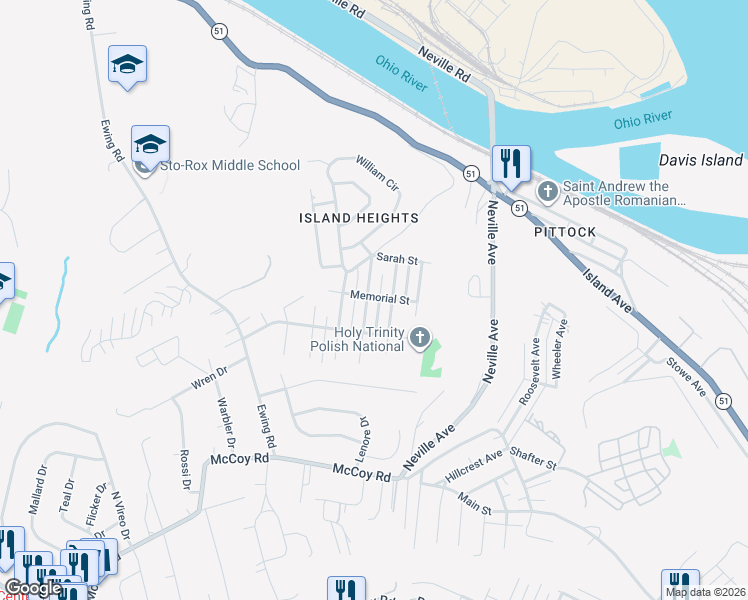 map of restaurants, bars, coffee shops, grocery stores, and more near 141 Speer Street in McKees Rocks