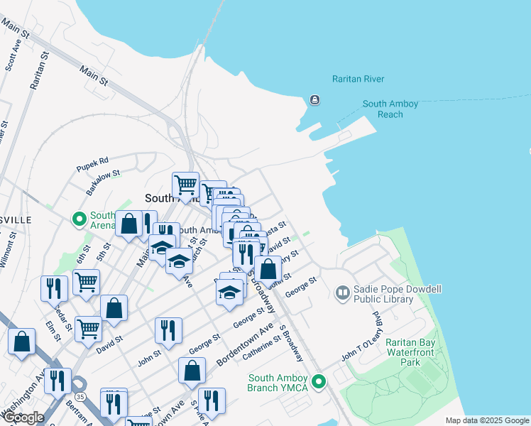 map of restaurants, bars, coffee shops, grocery stores, and more near 2000 Schindler Drive in South Amboy