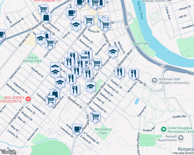 map of restaurants, bars, coffee shops, grocery stores, and more near 101 Handy Street in New Brunswick