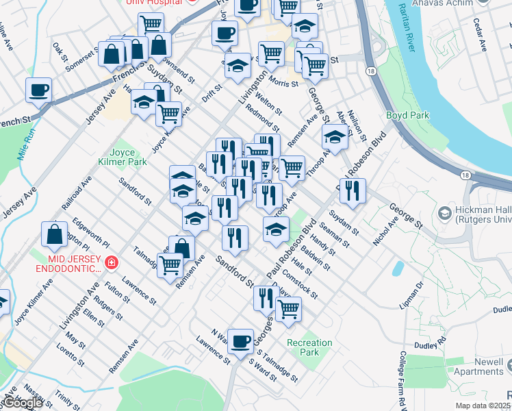 map of restaurants, bars, coffee shops, grocery stores, and more near 147 Hale Street in New Brunswick