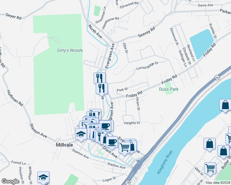 map of restaurants, bars, coffee shops, grocery stores, and more near 17 Friday Road in Pittsburgh