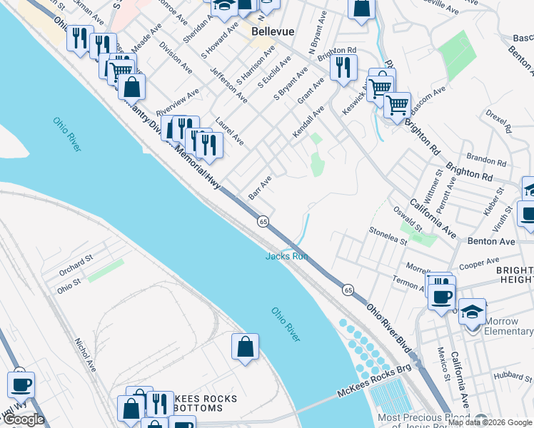 map of restaurants, bars, coffee shops, grocery stores, and more near 19 Rheams Avenue in Pittsburgh