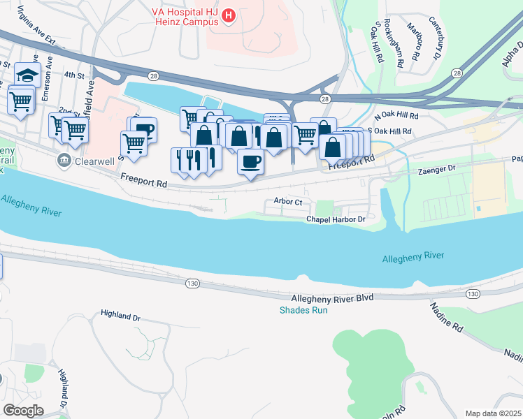 map of restaurants, bars, coffee shops, grocery stores, and more near 696 Arbor Court in Pittsburgh