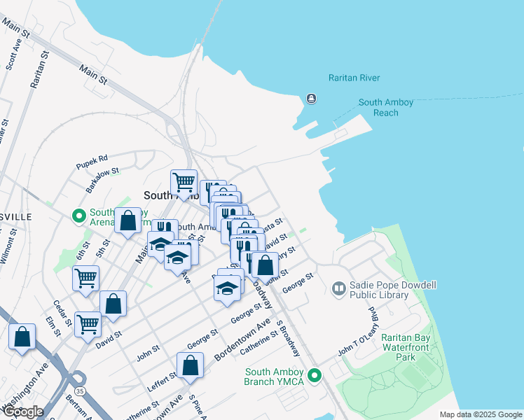 map of restaurants, bars, coffee shops, grocery stores, and more near 2000 Schindler Drive in South Amboy