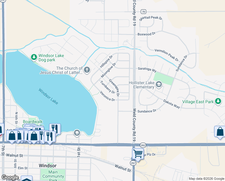 map of restaurants, bars, coffee shops, grocery stores, and more near 175 Turnberry Drive in Windsor