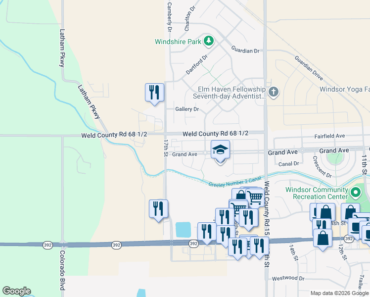 map of restaurants, bars, coffee shops, grocery stores, and more near 1687 Grand Avenue in Windsor
