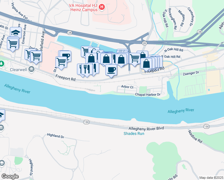 map of restaurants, bars, coffee shops, grocery stores, and more near 500 Chapel Harbor Drive in Pittsburgh