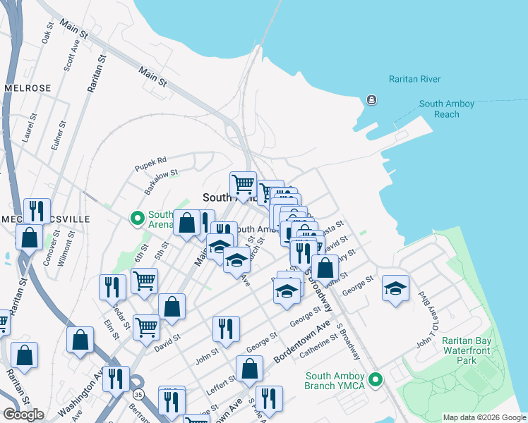 map of restaurants, bars, coffee shops, grocery stores, and more near 111 Adamecs Way in South Amboy