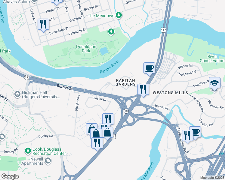 map of restaurants, bars, coffee shops, grocery stores, and more near Paulus Boulevard in New Brunswick