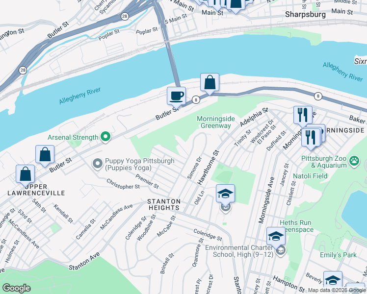 map of restaurants, bars, coffee shops, grocery stores, and more near 1127 Normahill Drive in Pittsburgh