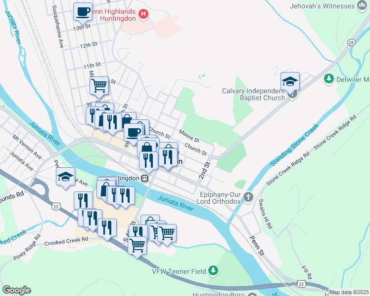 map of restaurants, bars, coffee shops, grocery stores, and more near 306 Church Street in Huntingdon