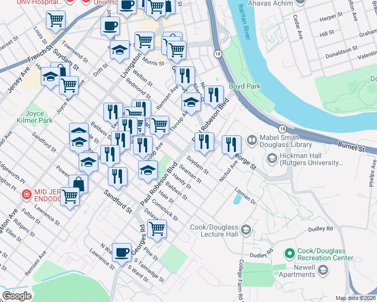 map of restaurants, bars, coffee shops, grocery stores, and more near 154 Commercial Avenue in New Brunswick