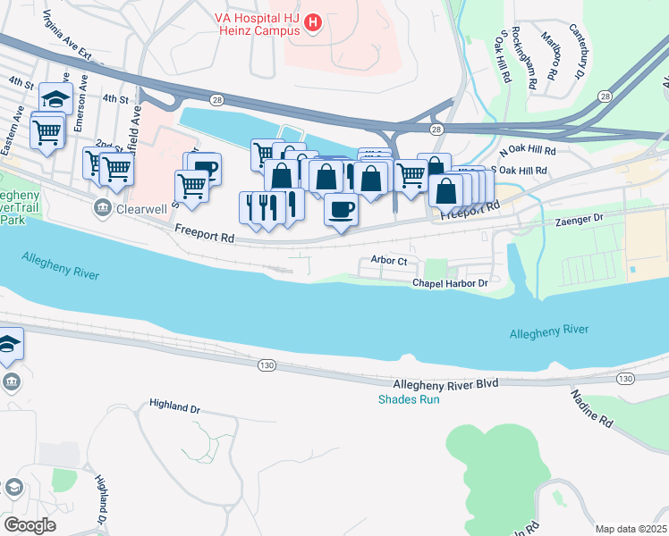 map of restaurants, bars, coffee shops, grocery stores, and more near 696 Arbor Court in Pittsburgh