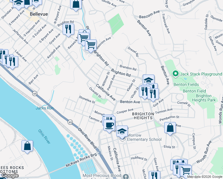map of restaurants, bars, coffee shops, grocery stores, and more near 3839 California Avenue in Pittsburgh