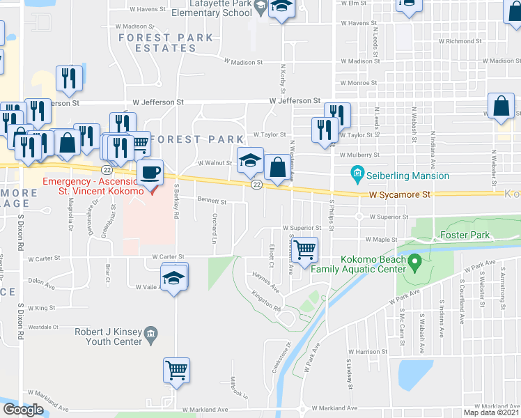 map of restaurants, bars, coffee shops, grocery stores, and more near 135 South Wildridge Drive in Kokomo