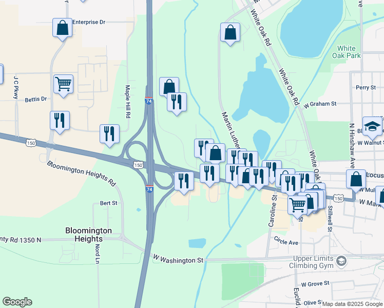 map of restaurants, bars, coffee shops, grocery stores, and more near 602 Brad Street in Bloomington