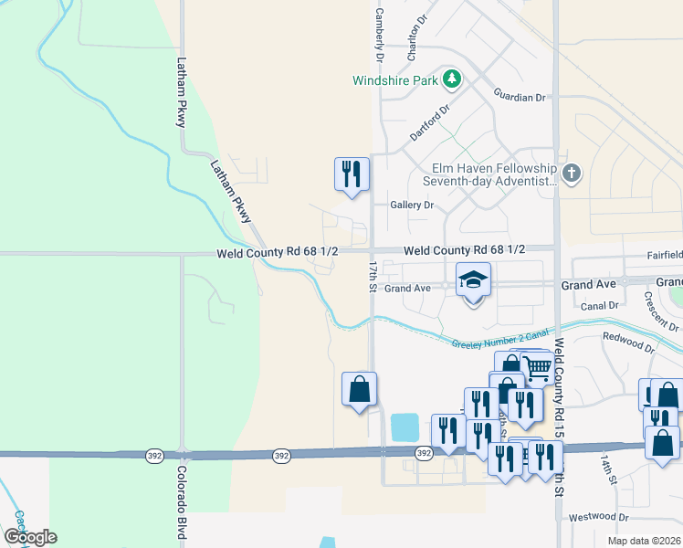 map of restaurants, bars, coffee shops, grocery stores, and more near 6328 County Road 68 1/2 in Windsor