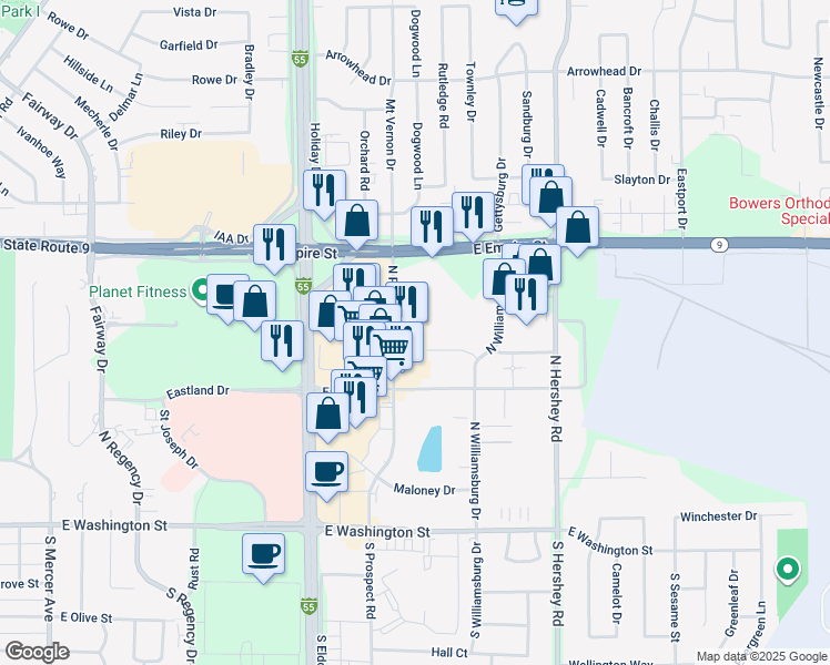 map of restaurants, bars, coffee shops, grocery stores, and more near 1803 East Empire Street in Bloomington