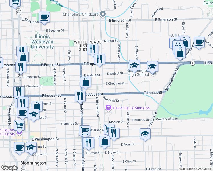 map of restaurants, bars, coffee shops, grocery stores, and more near 805 East Chestnut Street in Bloomington