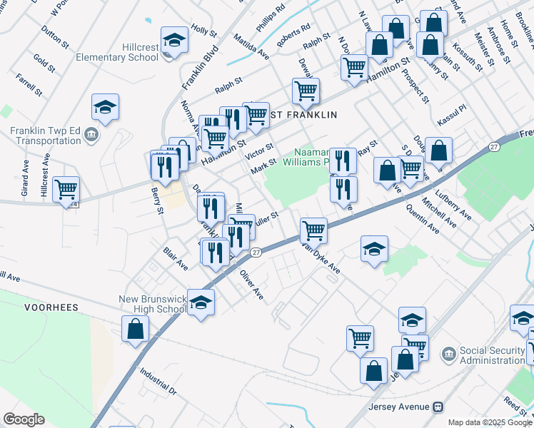 map of restaurants, bars, coffee shops, grocery stores, and more near 31 Fuller Street in Franklin Township