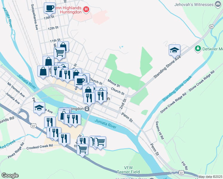 map of restaurants, bars, coffee shops, grocery stores, and more near 306 Church Street in Huntingdon