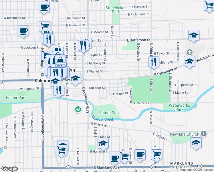 map of restaurants, bars, coffee shops, grocery stores, and more near 710 East Superior Street in Kokomo