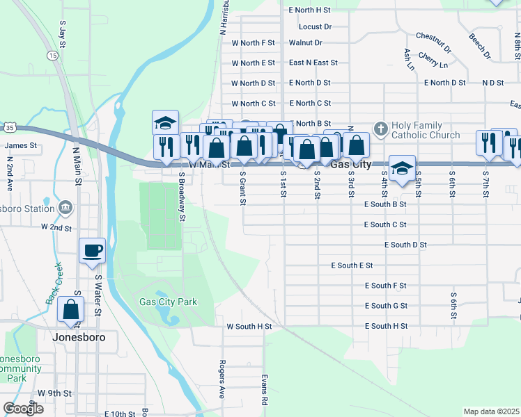 map of restaurants, bars, coffee shops, grocery stores, and more near 129 West South A Street in Gas City