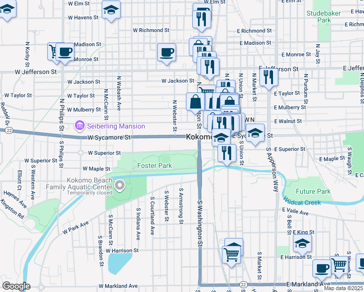 map of restaurants, bars, coffee shops, grocery stores, and more near 404 West Sycamore Street in Kokomo
