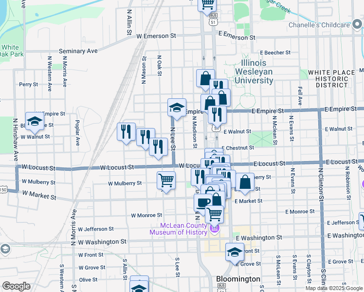 map of restaurants, bars, coffee shops, grocery stores, and more near 811 North Roosevelt Avenue in Bloomington