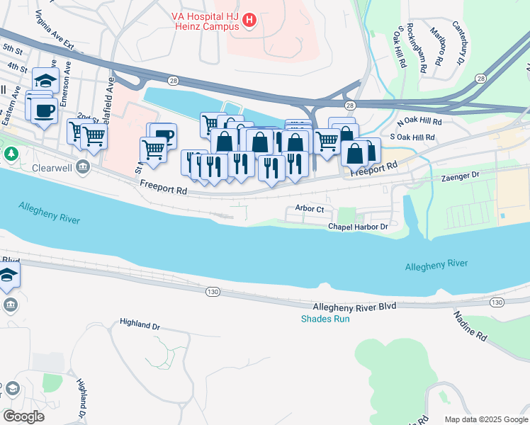 map of restaurants, bars, coffee shops, grocery stores, and more near 500 Chapel Harbor Drive in Pittsburgh