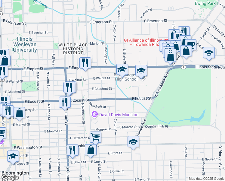 map of restaurants, bars, coffee shops, grocery stores, and more near 915 East Chestnut Street in Bloomington