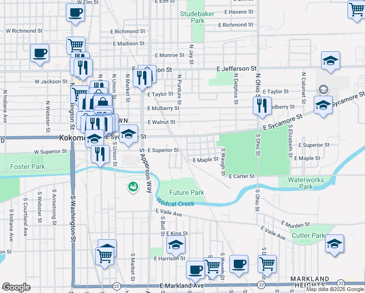 map of restaurants, bars, coffee shops, grocery stores, and more near 707 East Sycamore Street in Kokomo